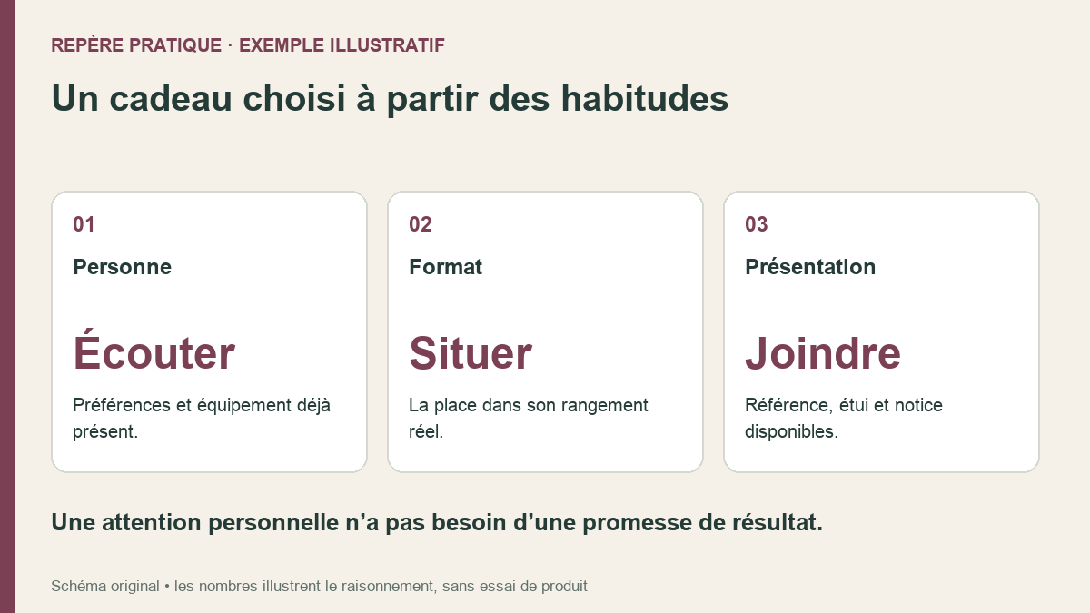 Offrir une lime en verre : partir des habitudes de la personne Un cadeau choisi à partir des habitudes. Personne : Préférences et équipement déjà présent.; Format : La place dans son rangement réel.; Présentation : Référence, étui et notice disponibles.